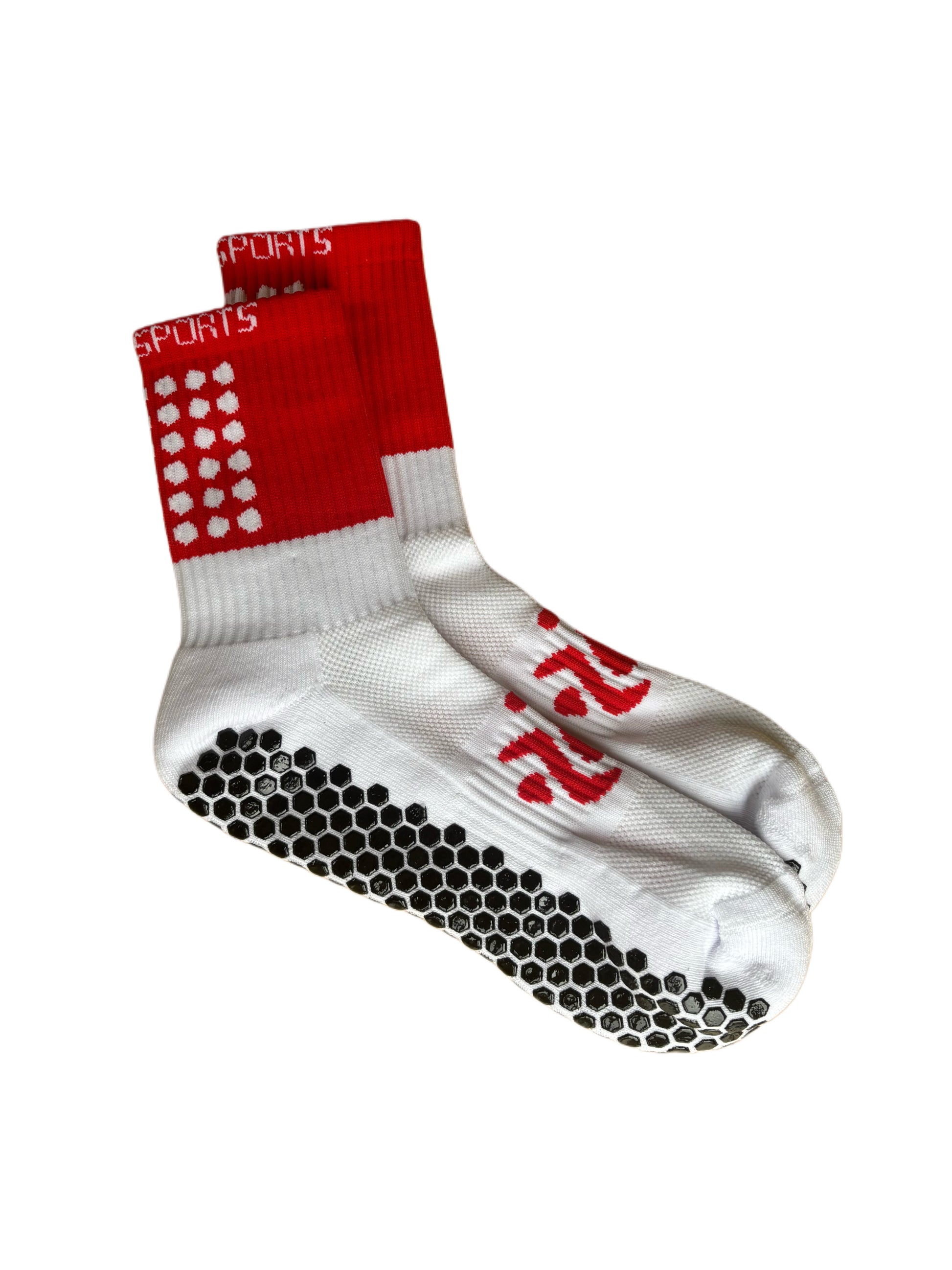 Red and white Solo Sports anti-slip grip socks