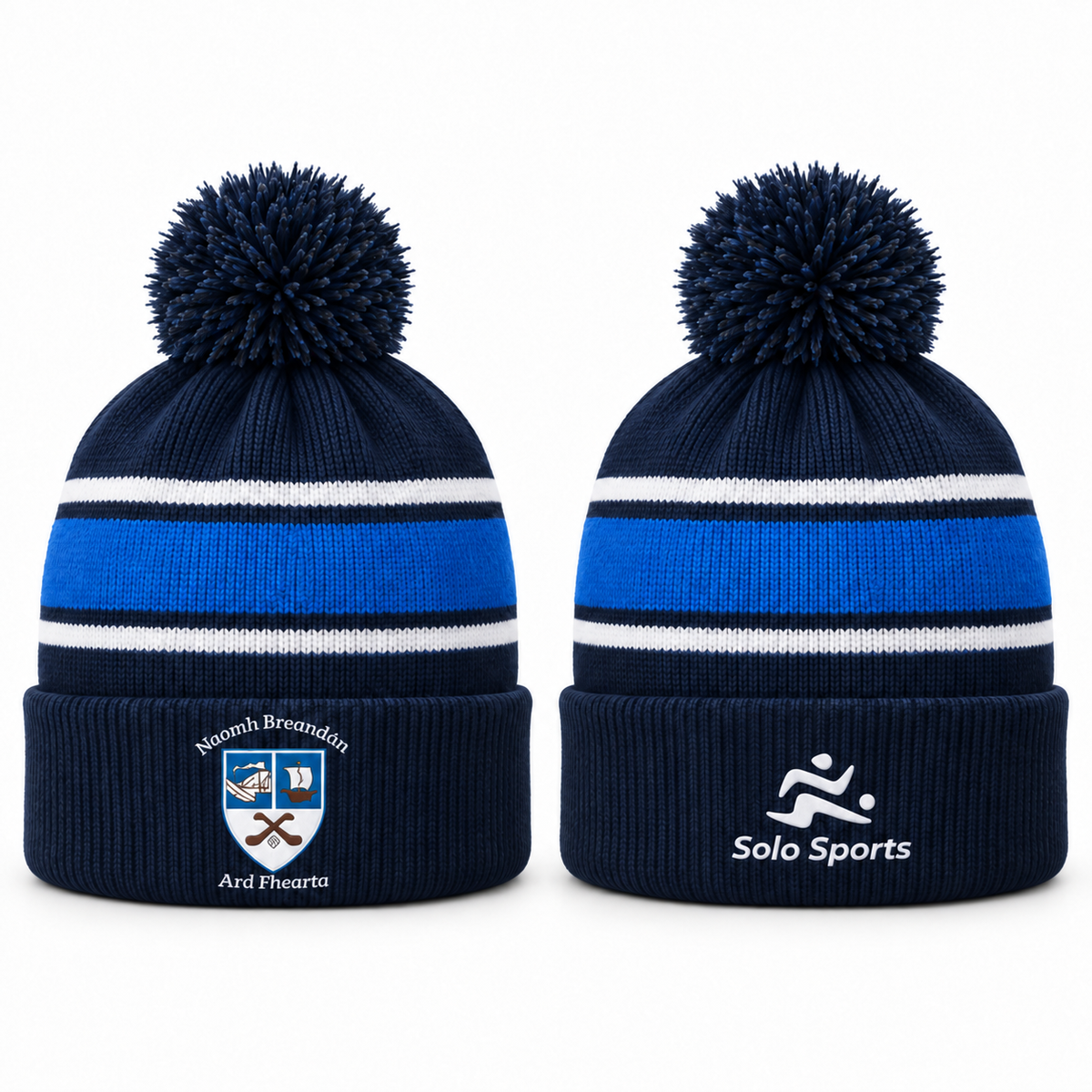 St Brendan's Hurling Club bobble hat in navy, royal blue and white with club crest
